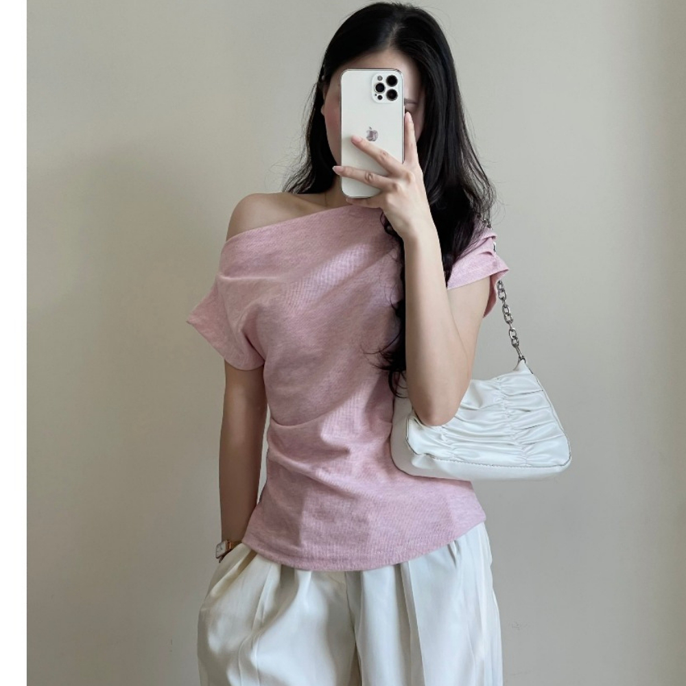 Áo kiểu nữ lệch vai xếp ly eo điệu đà, áo thun trễ vai form vừa chất vải tăm co dãn mềm mịn MA 315 | BigBuy360 - bigbuy360.vn