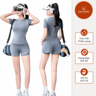 Bộ Quần áo đùi thể thao chạy bộ, cầu lông, pickle ball nữ Bộ đùi tập gym yoga cao cấp áo cộc tay Quần có túi