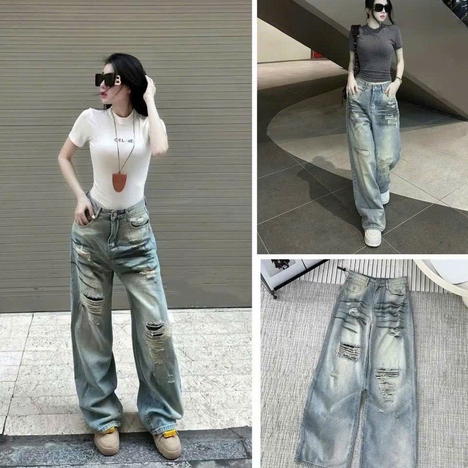 QUẦN JEAN NỮ UNISEX CHẤT BÒ ỐNG RỘNG XANH RÂU MÈO CAO CẤP SANG CHẢNH 2025 PHONG CÁCH HÀN QUỐC- DUBAI
