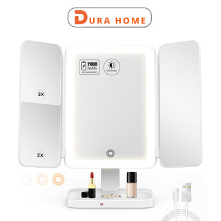  Gương Trang Điểm Để Bàn Đèn LED 3 Màu Làm Đẹp Cửa Gập Mở 2 Cánh Kèm Sạc DURAHOME 