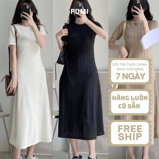[SHOPPUMI] Đầm suông xoè thun gân xương cá tay ngắn cổ tròn 3 màu freesize Pumi 15969