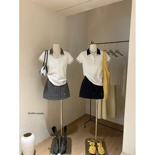 𝗺𝗶𝗲 𝘀𝘁𝘂𝗱𝗶𝗼 - /WGWE/ #w5004 Set bộ Áo polo trắng phối cổ màu, Chân váy thêu ngựa đơn giản thanh lịch