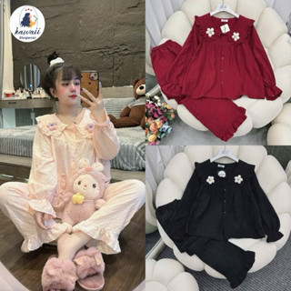 PIJAMA DÀI TAY CỔ BÈO ĐÍNH HOA SIZE 45-58KG, ĐỒ NGỦ DÀI TAY VẢI ĐŨI XỐP MỀM MỊN, MẶC NHẸ MÁT