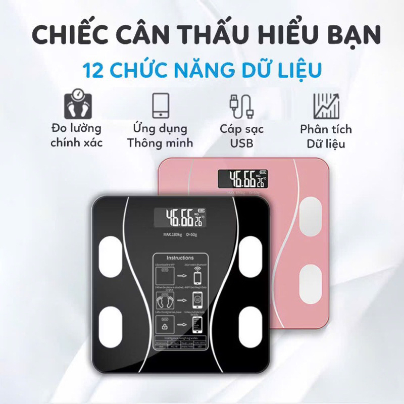 [Hàng Loại 1] Cân điện tử sức khoẻ đo chỉ số trên điện thoại, Cân điện đo 18 chỉ số kết nối Bluetooth