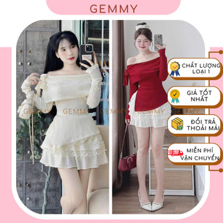  Set áo trễ vai chân váy Set áo kiểu dài tay đỏ noel xẻ tà cột nơ vai chất thun tăm co giãn và chân váy lụa xoè - GEMMY 