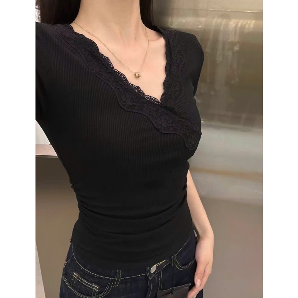 Áo Thun Babytee Nữ Cổ Tròn Phom Ôm Tôn Dáng,Áo Kiểu Ngắn Tay Cổ V Viền Ren Màu Trắng Đen Nhẹ Nhàng Ôm Body Gợi Cảm | BigBuy360 - bigbuy360.vn