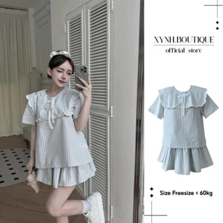 Set váy nữ , Set baby doll kẻ áo kiểu cột nơ chân váy xoè tầng có lót quần tiểu thư phong cách Hàn Quốc