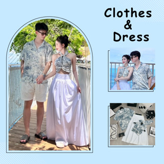  Set đồ nam nữ - Váy đi biển cổ yếm thắt nơ phối với áo sơ mi nam chất Lụa mềm mát cho các cặp đôi đi du lịch 