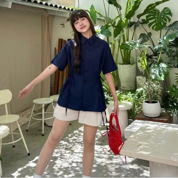 Áo sơ mi cộc tay chất đũi thô chiết eo nơ,áo kiểu nữ có dây buộc eo nhẹ nhàng kiểu dáng tiểu thư,thanh lịch ,hottrend | BigBuy360 - bigbuy360.vn