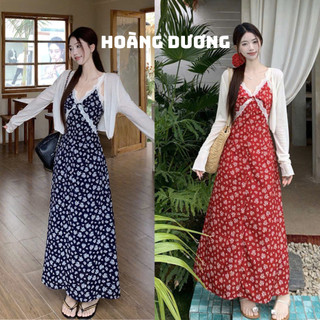 Đầm Maxi Hai Dây Họa Tiết Hoa Viền Ren Phối Kèm Áo Cardigan Mỏng Thời Trang Đi Biển Nữ 