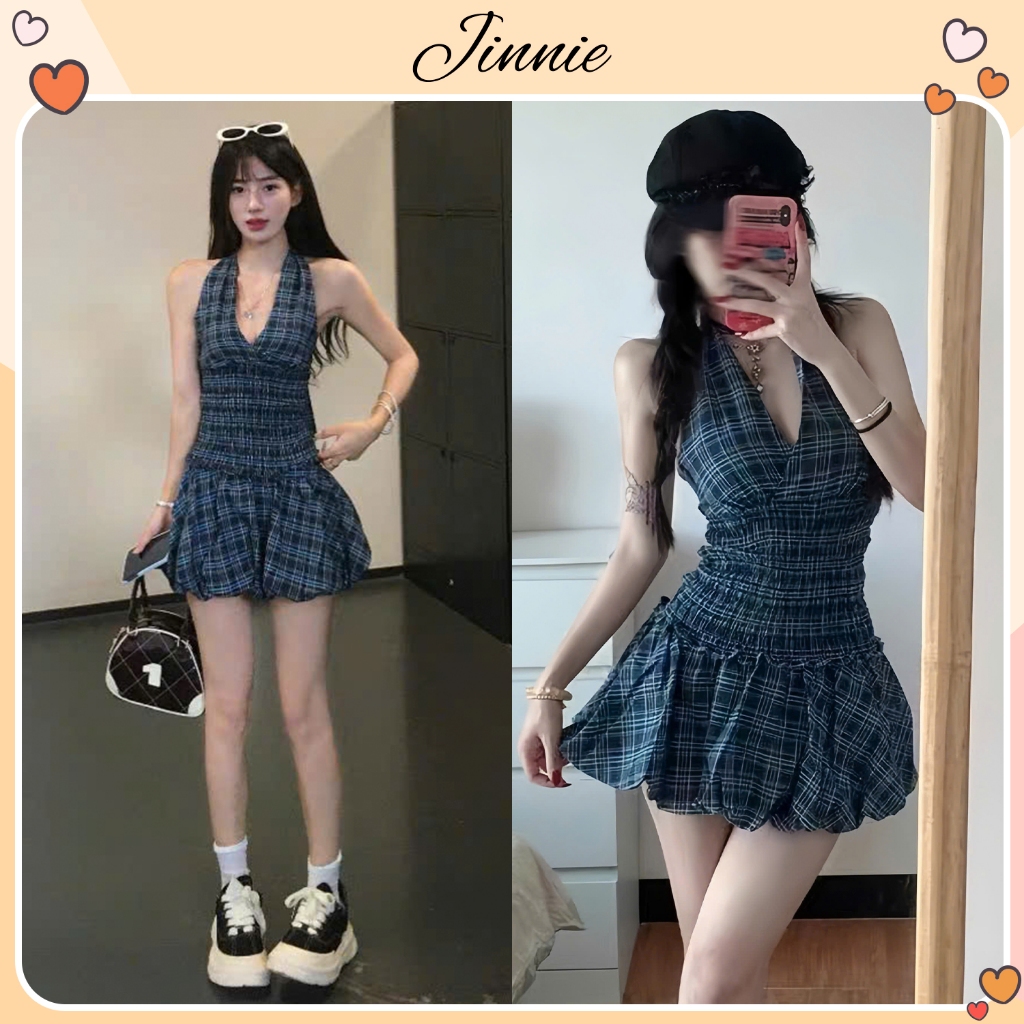 Váy cổ yếm dáng bí phồng kẻ caro tiểu thư sang chảnh Jinnie Dress Đầm hở vai bo chun tôn eo hàn quốc