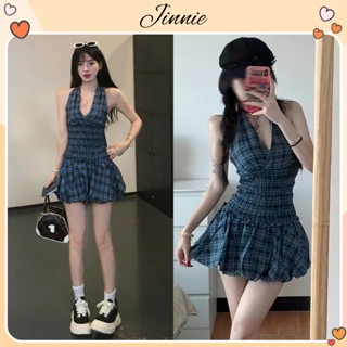 Váy cổ yếm dáng bí phồng kẻ caro tiểu thư sang chảnh Jinnie Dress Đầm hở vai bo chun tôn eo hàn quốc