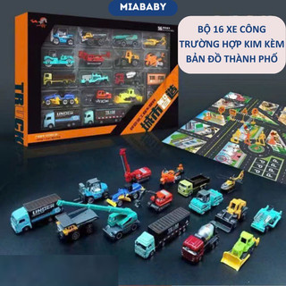 Đồ chơi Bộ xe Hợp Kim hỗn hợp nhiều chủng loại Xe Công Trình, nhiều màu gồm 16 chiếc Xe, Bản đồ, biển báo, công nhân