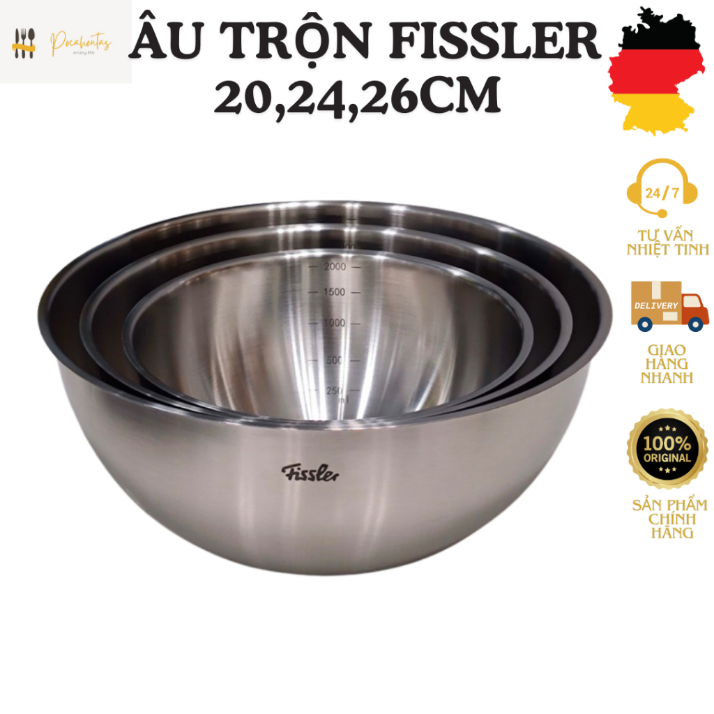 Âu trộn FISSLER FL401, 3 bát inox 304, set 3 bát inox trộn, bát inox FISSLER 20cm, 24cm, 28cm