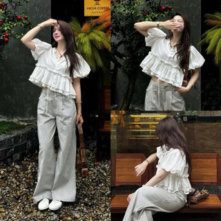   ẢNH OLDSCHOOL  Áo babydoll tay phồng layer bèo dáng rộng cổ V "IU TOP" Kenco clothing Sài gòn M726 