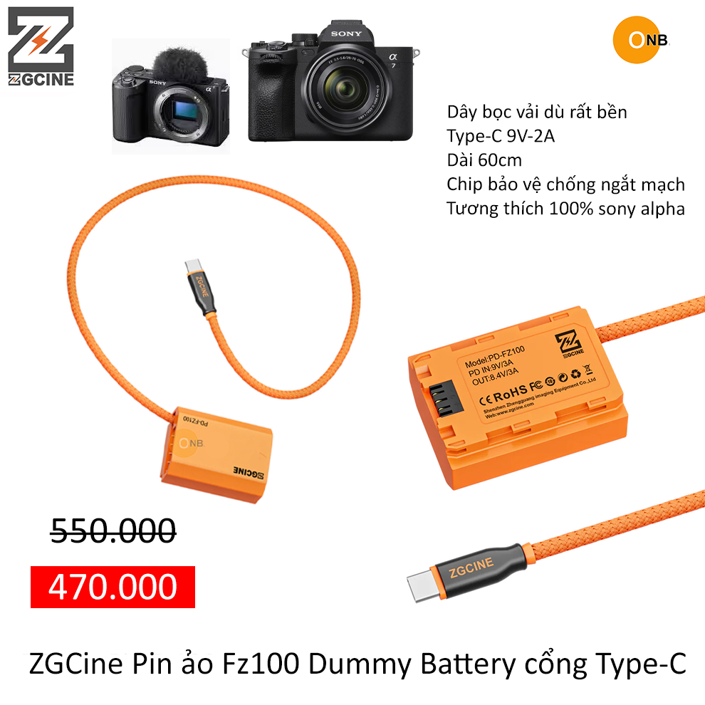 ZGCine Pin Fz100 Dummy Battery Type-C Sony a74 a73 fx3 a7s3 a7c2 ZV-E10 II