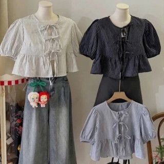 Áo babydoll kẻ buộc nơ Jennie_Áo babydoll kẻ sọc buộc dây nơ dễ thương, áo kiểu nữ tay bồng kèm áo 2 dây M6739