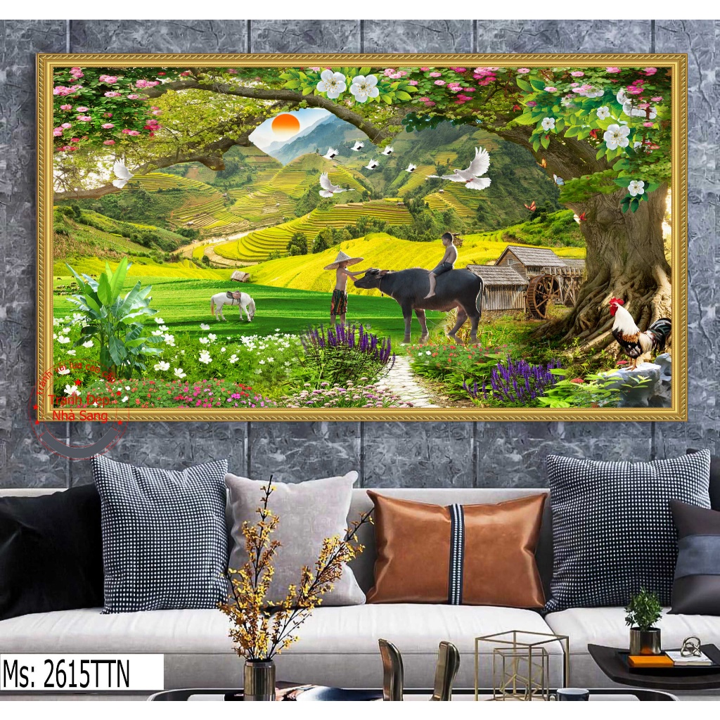 Tranh đồng quê VN 01 - Tranh dán tường lụa kim sa 3D dán tường, phòng khách khổ lớn