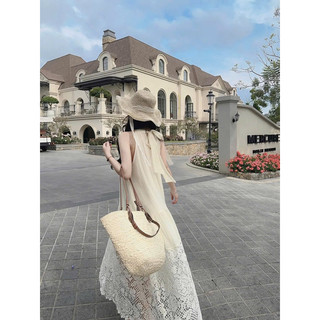Váy maxi đi biển cổ yếm voan tơ chân ren xoè