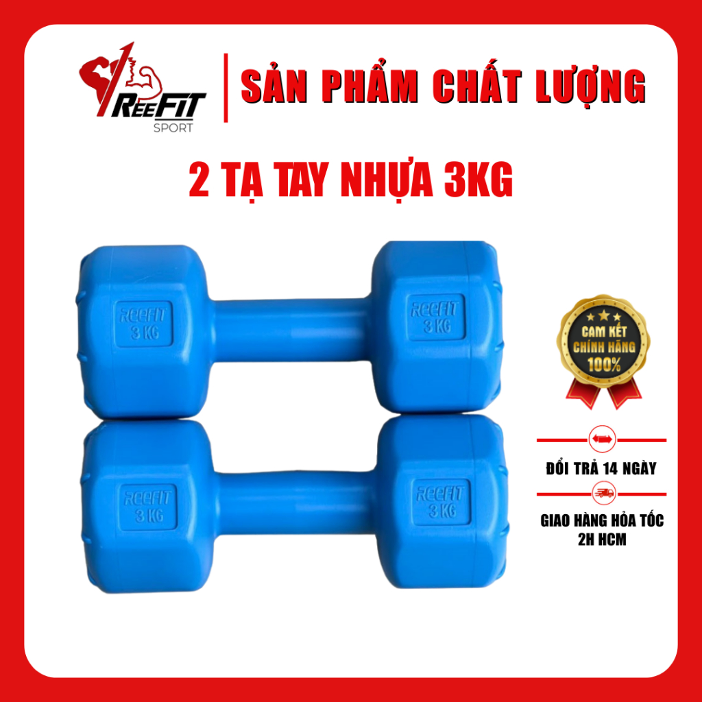 Bộ 2 tạ tay nhựa bát giác Reefit 3kg màu xanh có ruột (gồm 2 tạ 3kg, tổng 6kg)