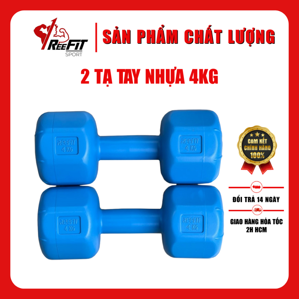 Bộ 2 tạ tay nhựa bát giác Reefit 4kg màu xanh có ruột (2 tạ 4kg, tổng 8kg)