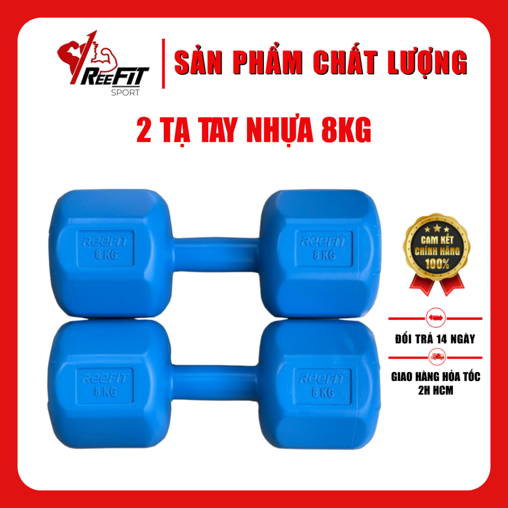 Bộ 2 tạ tay nhựa bát giác Reefit 8kg màu xanh có ruột (gồm 2 tạ 8kg, tổng 16kg)