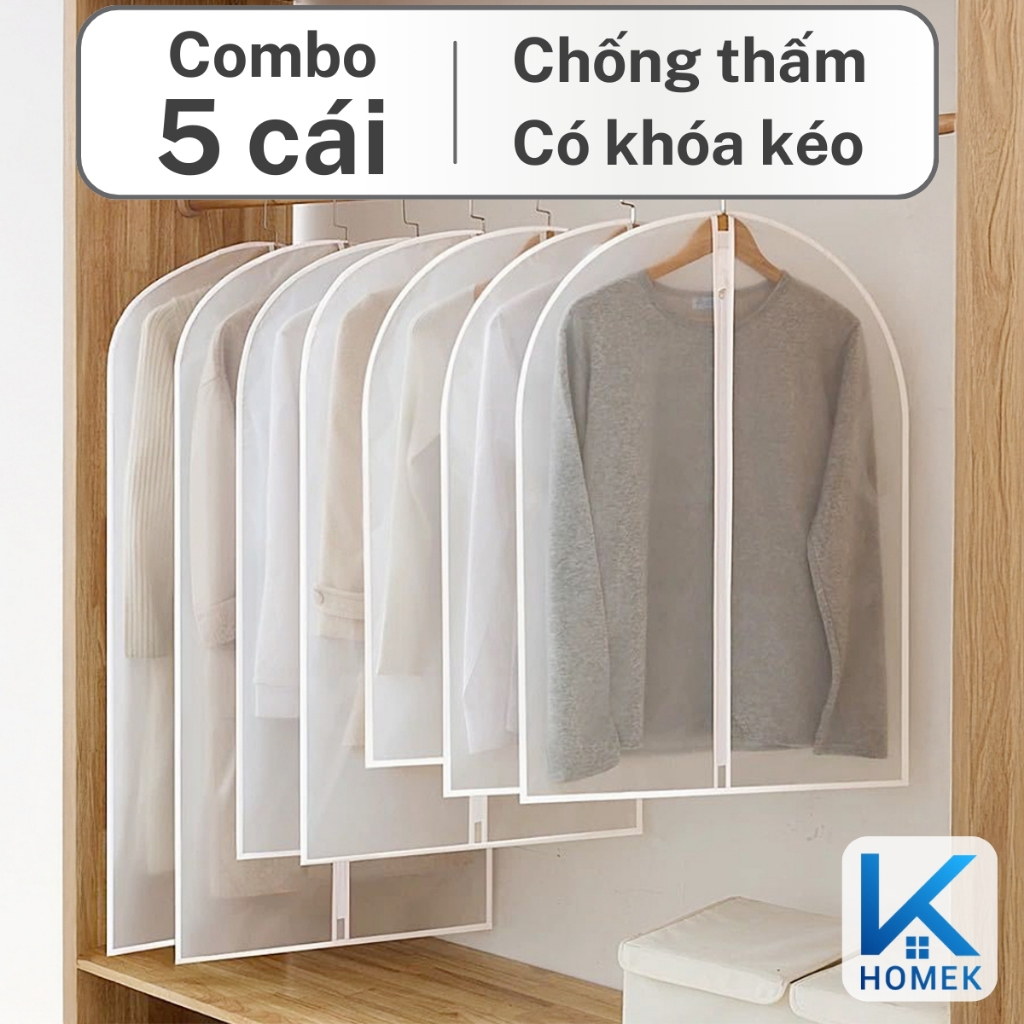 Combo 5 Túi Bọc Quần Áo Treo Tủ Chống Bụi HOMEK, Trùm Quần Áo Loại Dày, Có Khóa Kéo, Chống Thấm