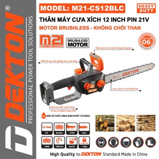 Máy cưa xích pin DEKTON M21-CS12BLC, Không chổi than, 100% dây đồng, Bơm nhớt tự động