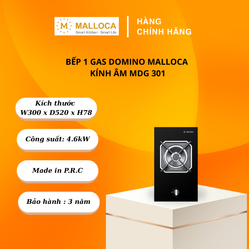 Bếp kính âm Malloca Domino 1 gas MDG 301, Mặt kính cường lực dày 8mm, Mâm chia lửa SABAF - FEM