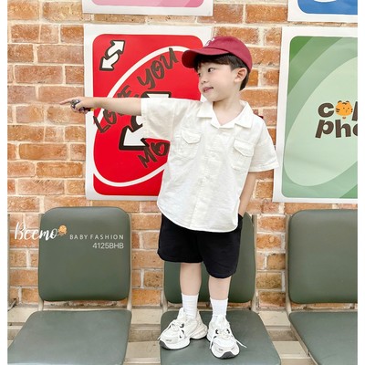 Set sơ mi cộc Beemo phối túi ngực vải thô hàn thoáng mát cho bé trai từ 9-24kg 4125BHB