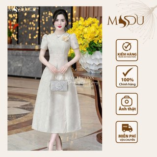  Váy Thiết Kế MDU4663 Váy Gấm Kem Dáng Xòe Tay Bồng Đính Hoa Từ MDU 