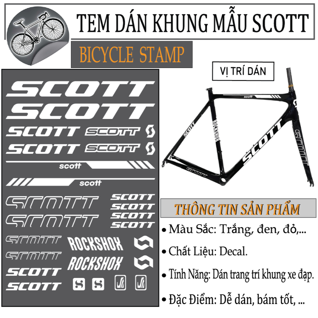 Tem Dán Trang Trí Khung Xe Đạp Mẫu SCOTT Decal Cao Cấp Chống Nước Bám Chắc Chắn