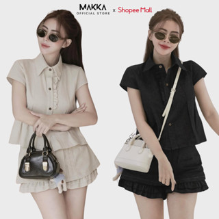 Set đồ nữ thiết kế MAKKA bộ áo sơ mi cộc tay cổ bèo kèm quần giả váy cách điệu thời trang điệu đà 1007
