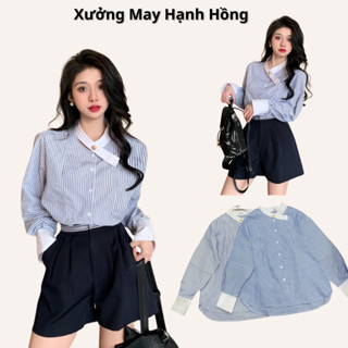 A8 Áo sơ mi kẻ xanh nữ tay phối viền trắng cổ tàu, Áo kiểu nữ cổ vạt