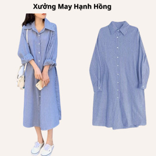 (Ảnh thật) Đầm sơ mi kẻ sọc thoáng khí thời trang mùa thu Pháp, Váy sơ mi dáng suông kèm đai Xưởng May Hạnh Hồng