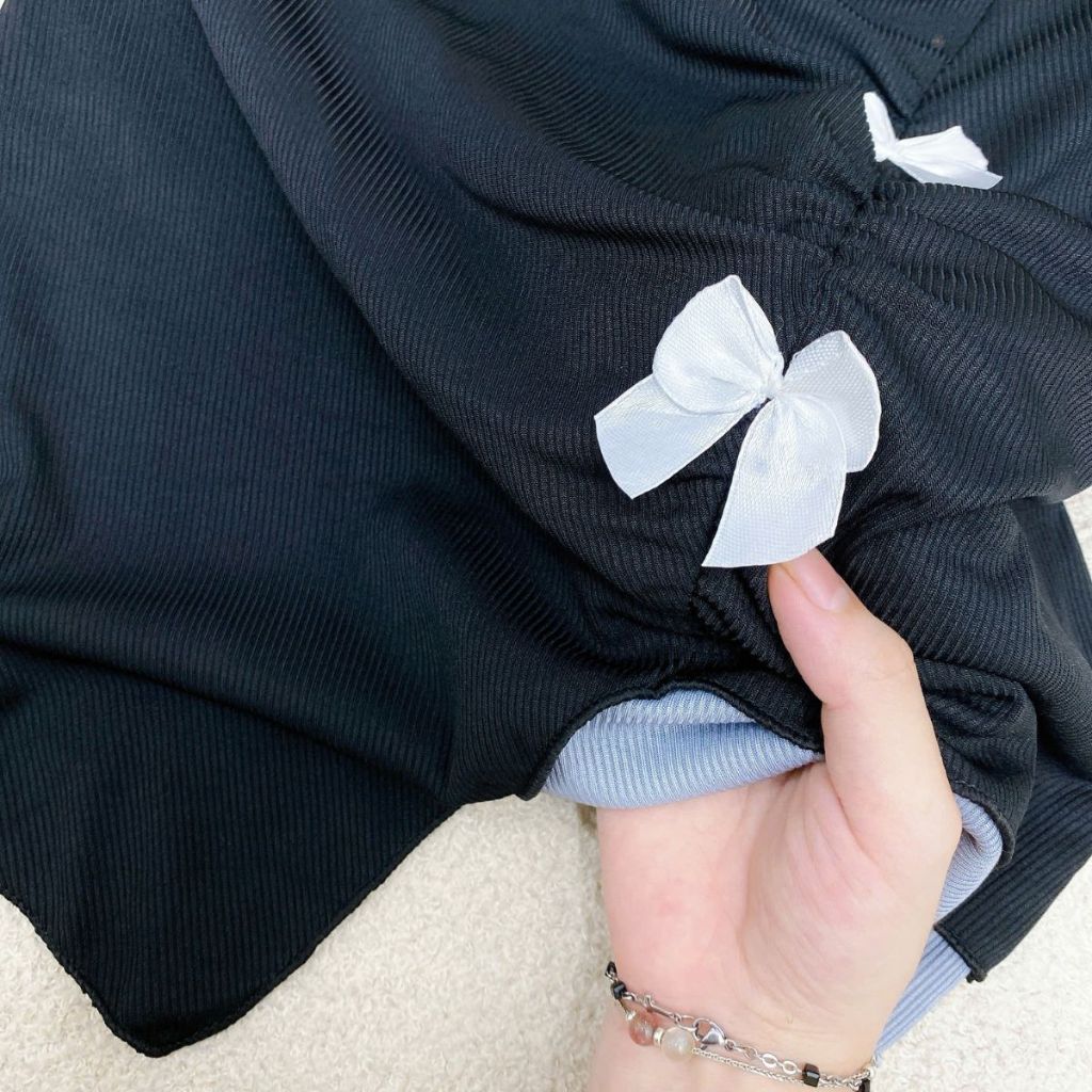 Áo thun kiểu bigsize nữ tiểu thư hai lớp vạt xẻ tay ngắn bồng gắn nơ nhún eo tôn dáng tăm QC co giãn - A278 | BigBuy360 - bigbuy360.vn