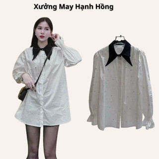 A225 Áo sơ mi đính đá tay chun phối cổ đen kiểu dáng Hàn Quốc, Áo sơ mi kiểu nữ