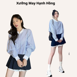 A9 Áo sơ mi nữ kẻ cổ tàu tay bồng phối viền trắng, Áo kiểu basic sang chảnh đi học, đi làm