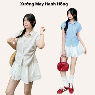 Áo sơ mi kẻ dây rút eo thêu nơ xinh A4, áo sơ mi kiểu Hàn Quốc cực xinh XMHH
