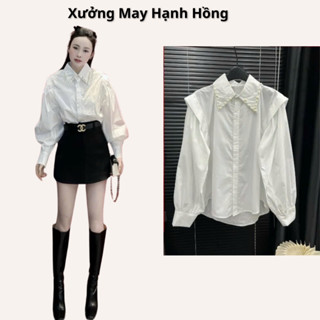 A16 Áo sơ mi trắng nữ cúc ngọc cánh tay viền sang chảnh, áo sơ mi kiểu Hàn Quốc