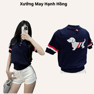 Áo mongtoghi cổ polo có hình chó sau lưng ngắn tay mã L3 , áo len cúc màu phối tay kẻ sọc hàng QC - Xưởng May Hạnh Hồng