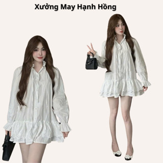 Đầm babydoll trắng viền bèo ren sang chảnh buộc nơ cổ bèo V168, váy trắng tiểu thư nữ