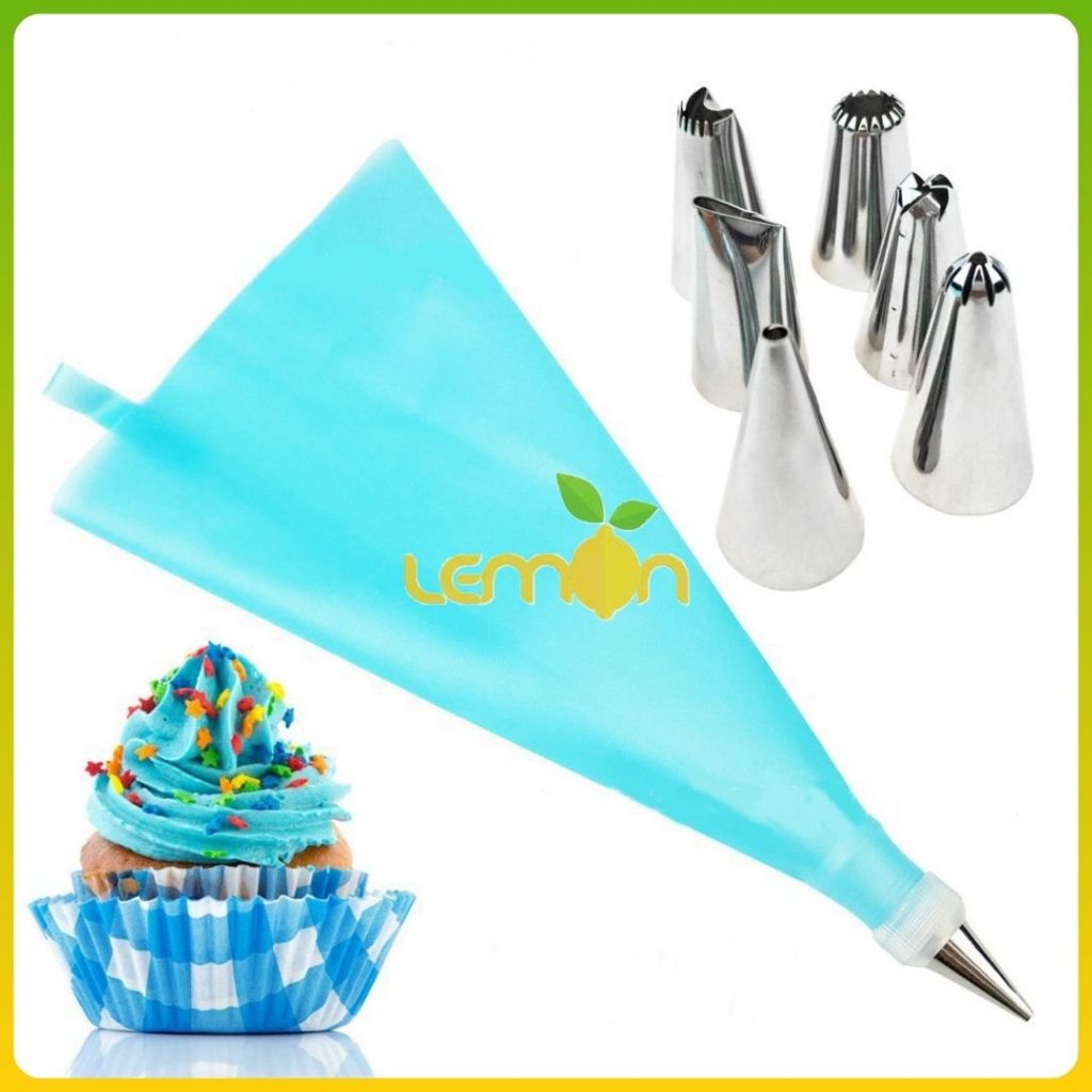 Bộ 6 đui bắt kem, bánh quy, su kem kèm chốt và túi bóp kem silicone