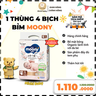 1 THÙNG 4 BỊCH Tã Bỉm MOONY NATURAL Trắng Dán/Quần NB62/S58/M46/L38/L36/XL32 - Michi Baby MC555