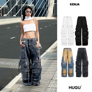Quần form dài ống rộng local brand HUGU - KENJA - túi hộp, nút kim loại, unisex, màu wash, chất liệu kaki/ denim