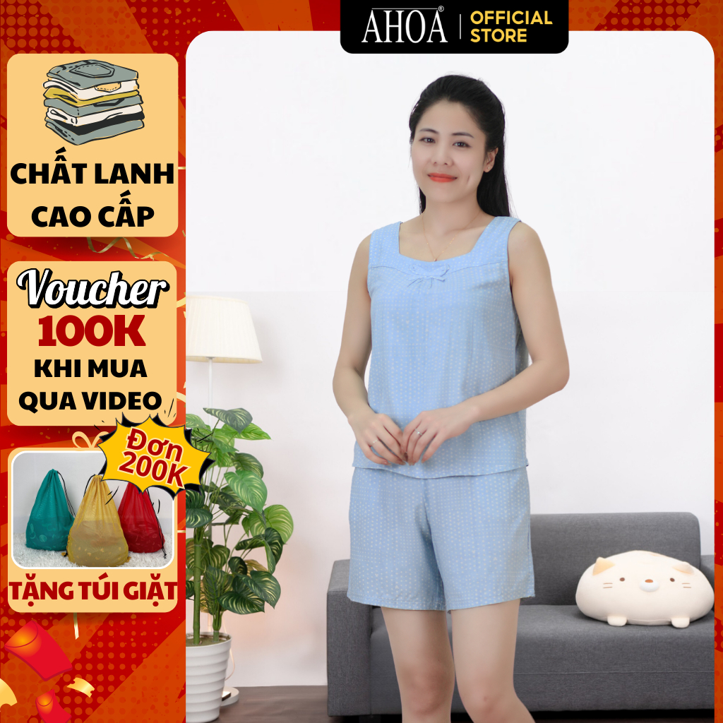 Bộ Lanh Nữ Cổ Vuông Quần Đùi AHOA, Đồ Bộ VảI Lanh Áo Sát Nách, Đồ Tole Nữ Mặc Nhà Quần Đùi Trung Niê