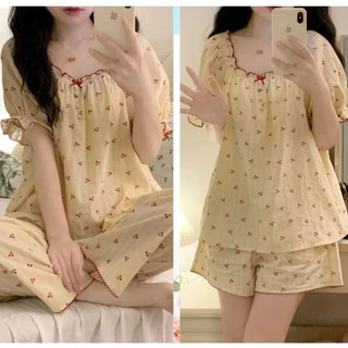  Đồ ngủ pijama chất thô đũi cổ dúm cộc tay họa tiết hoa nhí đồ bộ nữ đồ mặc nhà mêm mát HCOM25432 Yuka 