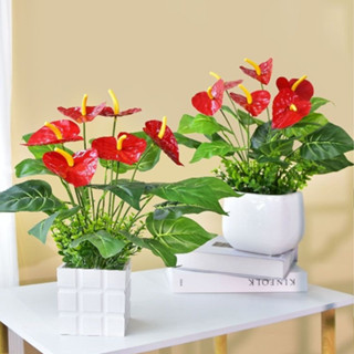  Cây hoa giả hồng môn yến 8 đầu hoa đỏ kèm lá trang trí nhà cửa  không kèm chậu  