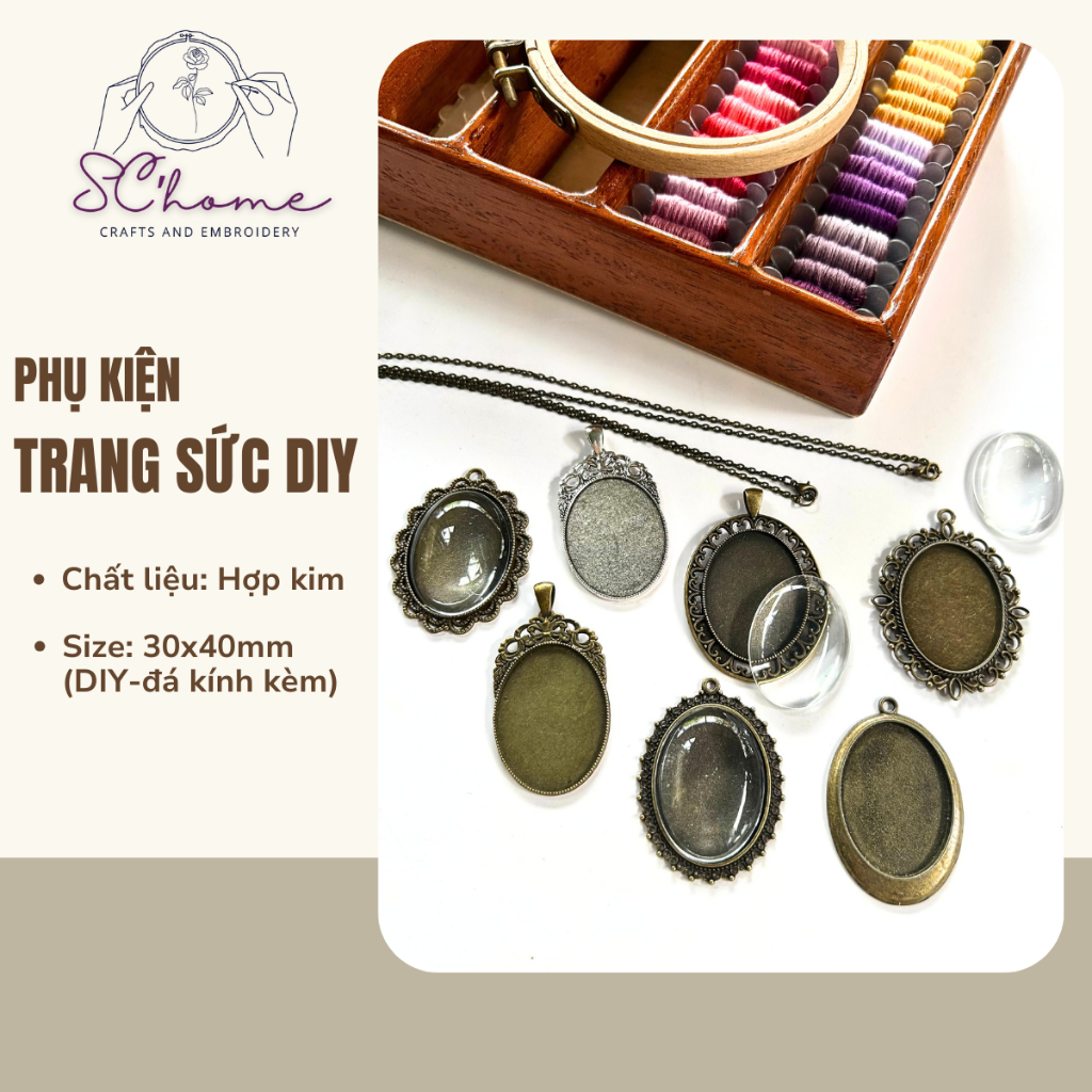 Phôi mặt dây chuyền/ phụ kiện trang trí/chụp hình, size DIY 30x40mm (kèm đá thủy tinh)