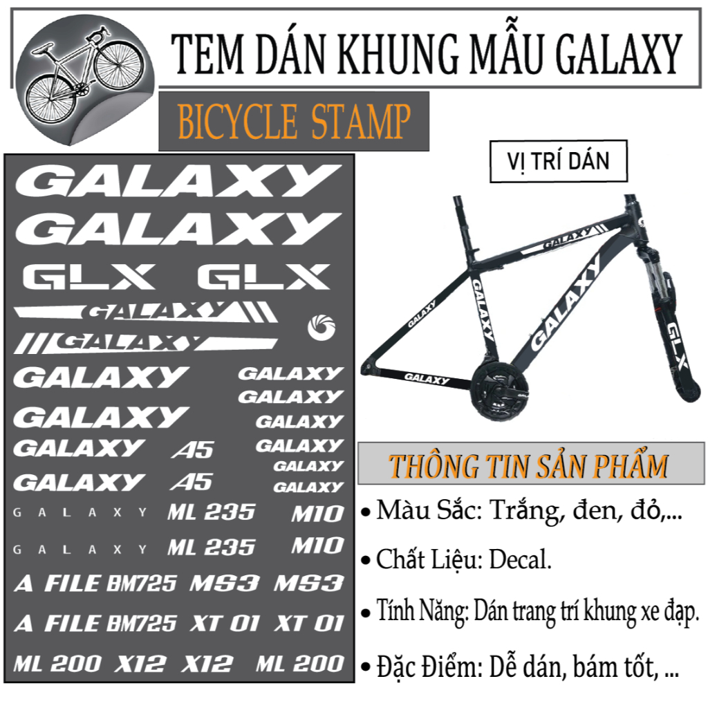 Tem Dán Trang Trí Khung Xe Đạp Mẫu GAlAXY Decal Cao Cấp Chống Nước Bám Chắc Chắn